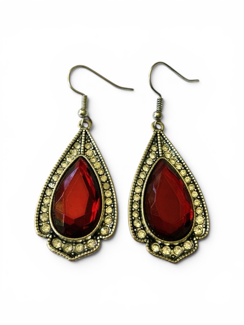 Vintage Y2K Red Glass Teardrop Earrings w/ Rhinestone Halo - Picture 7 of 9